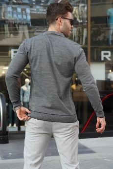 پليور بافتني مردانه يقه پولو زيپ دار MADMEXT  ذغالي